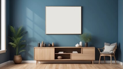 minimalist interior wood cabinet with one blank frame poster, on stormy blue wall and wood floor