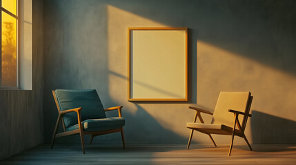 Expansive, minimalist living space bathed in warm, natural light, featuring a large, blank canvas as the focal point; a study in balance and harmony with clean lines, soft shadows, and a serene atmosp