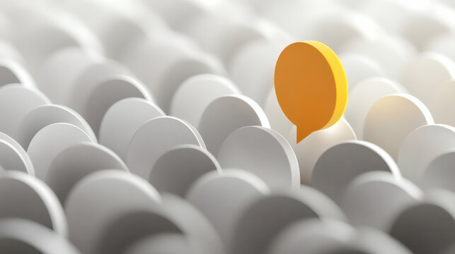 A 3D illustration of a bubble chat arranged in a pattern, with one standout yellow symbolizing differentiation individuality, leadership, branding, unique voice and success in business