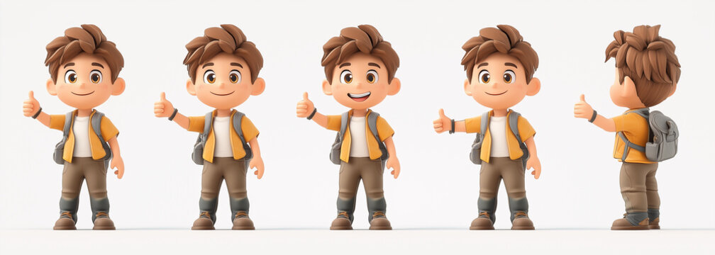  Create a 3D character sprite sheet of a full body, adorable character. The character should be dressed in unique clothing and have a distinctive hairstyle. Include 5 dynamic poses: peace sign, thumbs