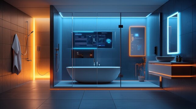 Relaxing smart bathroom futuristic design & iot integration