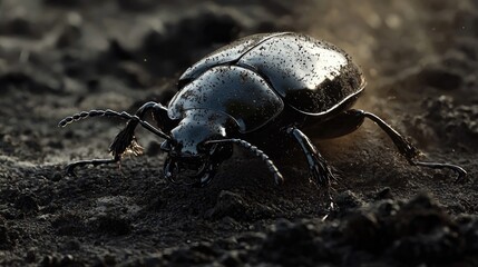 Black beetle on soil, surrounded by soft glowing particles in a dark setting. Macro photography of wildlife. Generative by AI.