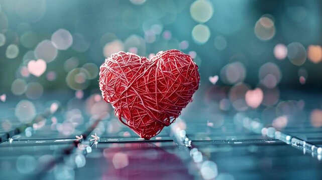 A heart made of red string sits prominently in the foreground, surrounded by soft bokeh lights that create a dreamy atmosphere. This setting evokes feelings of love and affection.