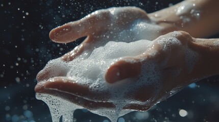 Fototapeta premium Foamy soap covering hands under soft light, symbolizing cleanliness and hygiene. Generative by AI.