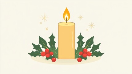 Lit candle with holly and berries on beige background.