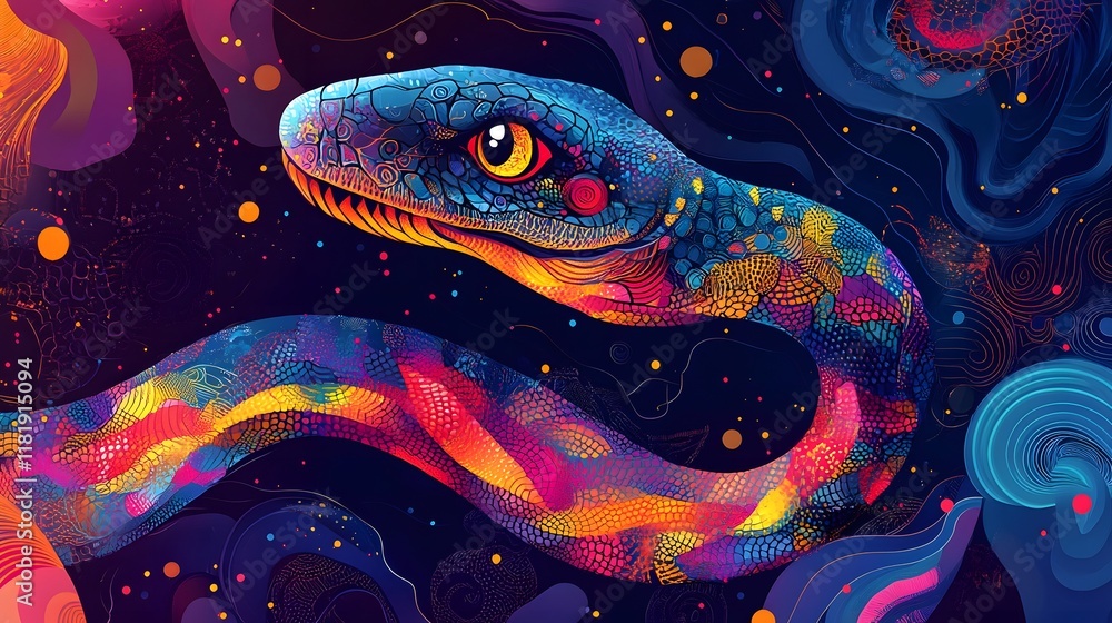 Aufkleber Vibrant Serpentine with Eclectic Cultural Patterns and Mystical Gradients   Abstract digital blending organic snake forms decorative Asian motifs and dynamic color gradients for a festive