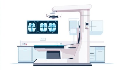 Modern medical imaging room with a C-arm machine and x-ray images on the wall.
