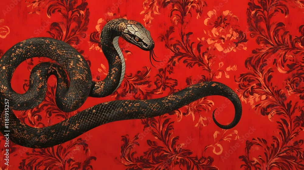 Poster coiled venomous snake with intricate patterned scales against a vivid red background accented with m