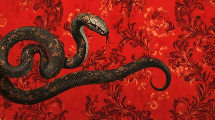 Obraz premium Coiled venomous snake with intricate patterned scales against a vivid red background accented with minimal gradients and ornamental cultural details creating an ominous yet elegant composition