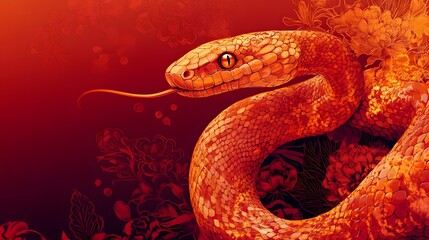 Obraz premium Captivating image of an elegant snake with intricate ornamental patterns vibrant color gradients and modern cultural design elements against a bold red background