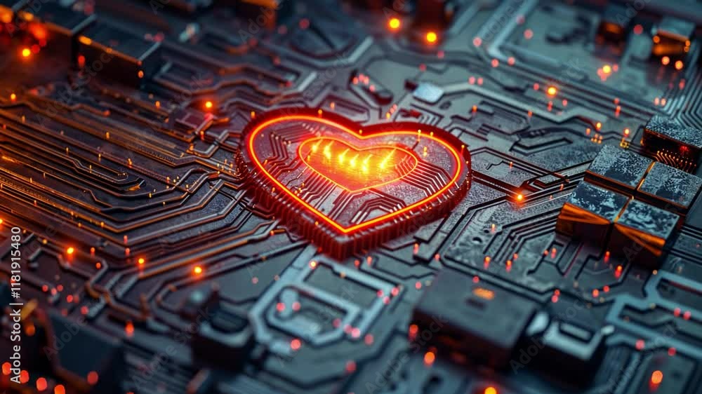 Poster this artwork features a detailed circuit board design illuminated by a glowing heart shape at the ce