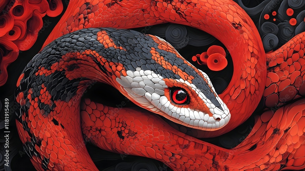 Poster vibrant and stylized of a snake blending modern digital art design with culturally inspired ornament