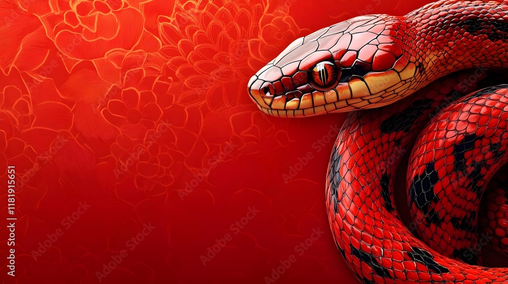 Poster vibrant red snake or serpent with distinct patterning on a modern minimalist background featuring a 
