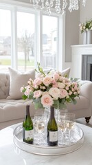 Stylish living room showcases a light gray sofa and a chandelier, with vases of flowers enhancing the minimalist decor