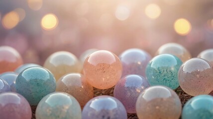 Soft focus light orbs in pastel hues with gentle bokeh effect, ideal for serene backgrounds, peaceful settings, calm wallpapers or subtle cover images