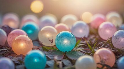 Soft focus light orbs in pastel hues with gentle bokeh effect, ideal for serene backgrounds, peaceful settings, calm wallpapers or subtle cover images
