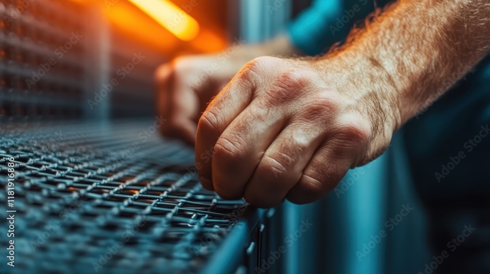 Poster the close-up depicts a hand pressing down on a server grid, highlighting the interaction between hum