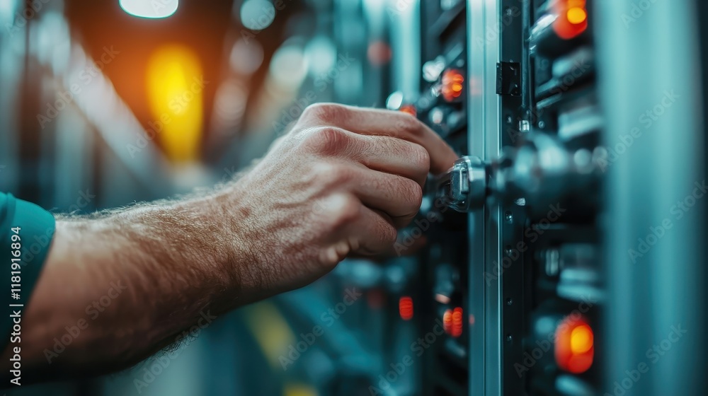 Poster this image captures a hand finely adjusting knobs on a server rack, representing the intricate work 