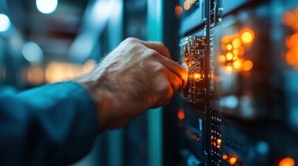 This image shows a hand carefully operating a circuit board within a server room, depicting the critical interface of human skill and technology in IT environments.