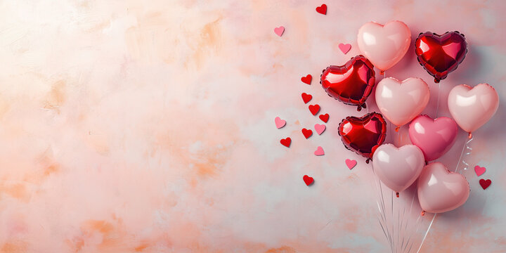 Heart-shaped balloons in soft pink and red tones floating against a pastel background, A Valentine's Day background, Love is in the air