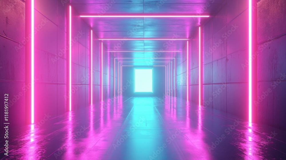 Poster futuristic neon tunnel experience digital space visual art tech environment perspective view modern 
