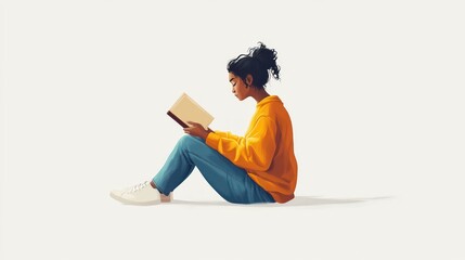 Young woman sitting, reading book.