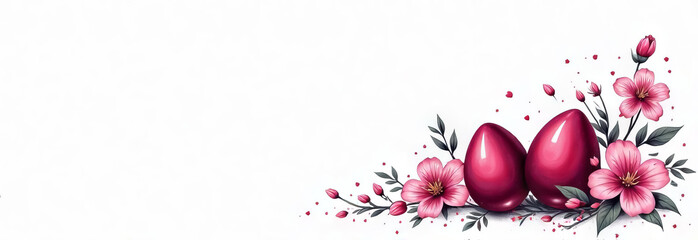 A composition of flowers and eggs on one side of the image with a place for text, an advertisement, a banner, a postcard. Easter eggs painted in different colors, for the bright Easter church holiday.