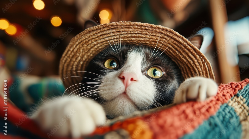 Poster a delightful cat peeking from beneath a straw hat, creating an endearing scene that captures playful