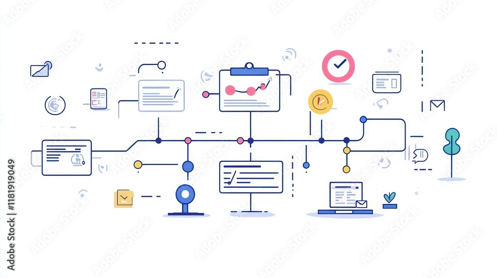Poster workflow process diagram showing project management, data analysis, and team communication.