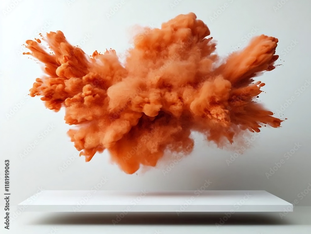 Poster vibrant orange fluid explosion dynamically frozen in time on a crisp white backdrop with energy and 