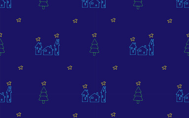vector seamless winter pattern with houses, Christmas tree and stars hand-drawn in cartoon style on a blue background. illustration for textiles, design and decoration.
