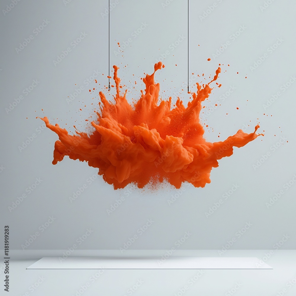 Poster explosive orange fluid dynamically suspended on a pristine white plane generating a captivating abst