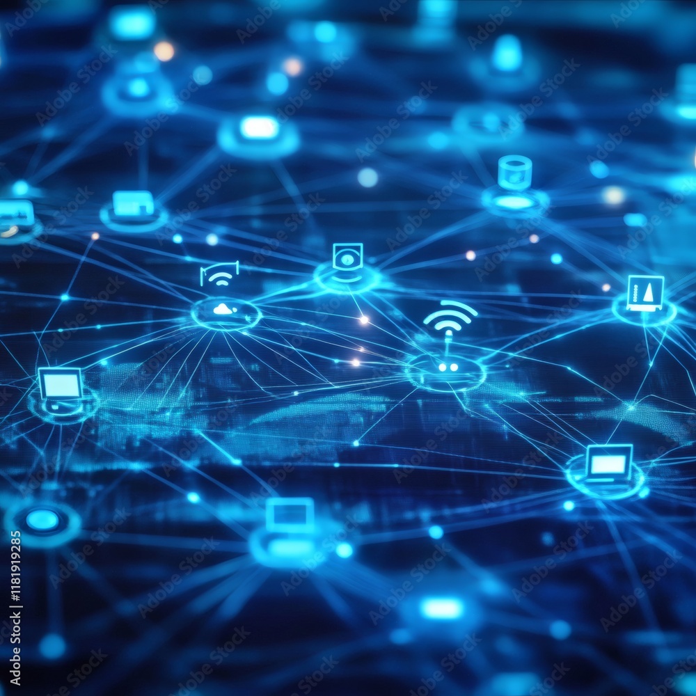 Poster technology background depicting interconnected devices and wireless communication signals