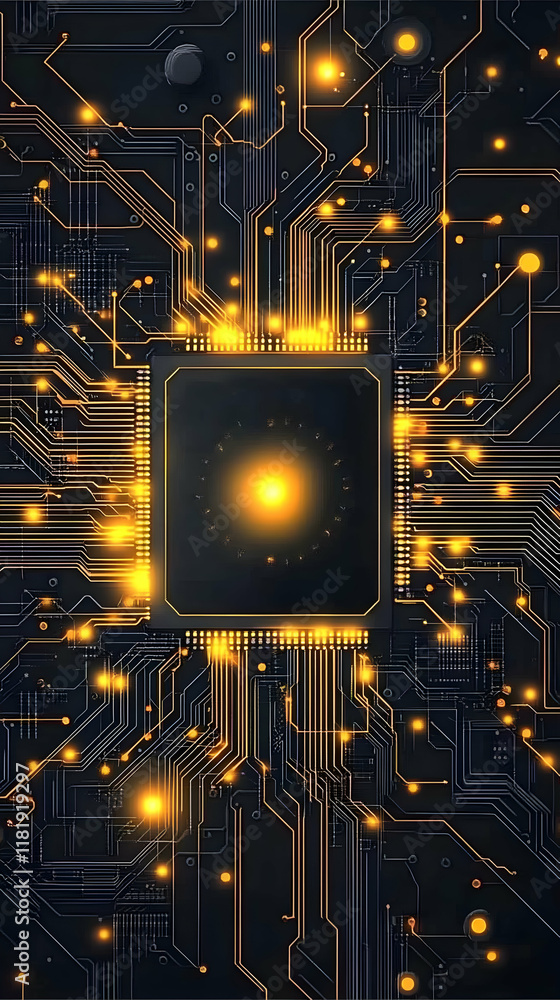 Poster abstract digital circuitry background; glowing gold lines on dark surface; central processor unit; t