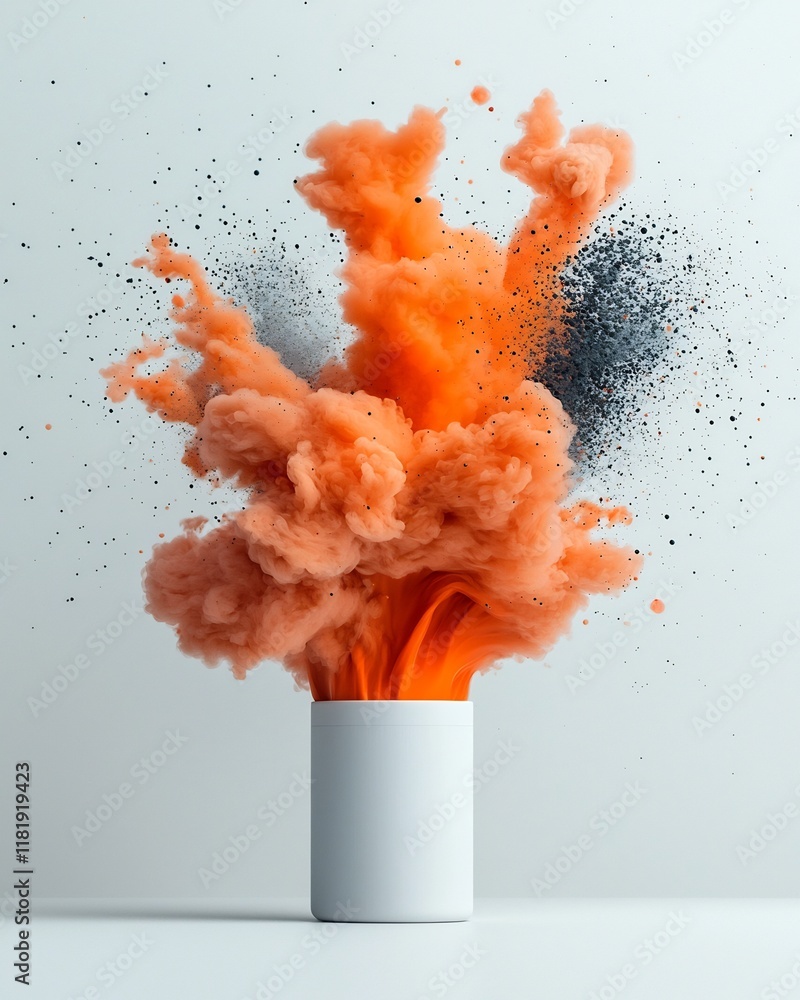 Poster captivating orange fluid erupting and coalescing on a stark white surface creating a dynamic abstrac