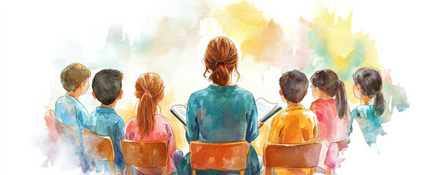female teacher conducts reading circle with children, fostering engagement and learning. colorful watercolor style captures warmth of classroom environment