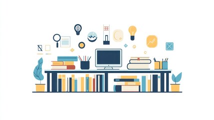 Desk with computer, books, and office supplies.