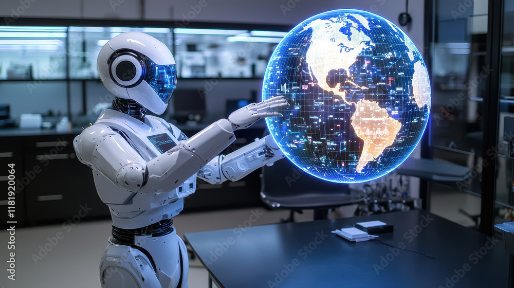Aufkleber robot interacting with holographic globe in modern lab environment, showcasing advanced technology a