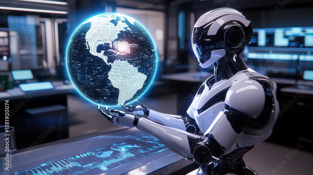 Aufkleber robot interacting with holographic globe in futuristic lab setting, showcasing advanced technology a