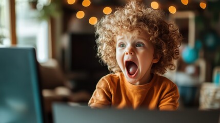 This image depicts a child with curly hair, expressing surprise and excitement while engaging with a computer, highlighting the joy of discovery and learning.