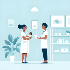 Caring Female Doctors with Cheerful Expression Examining Baby in Bright Office Setting