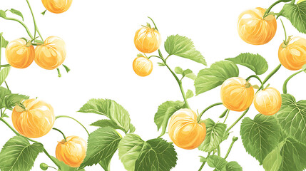 Illustration of yellow fruits on vines with green leaves against a white background.