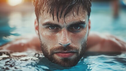 Fototapeta premium A striking image captures a swimmer's fierce gaze as he emerges from the water, embodying strength, determination, and the essence of athletic competition.