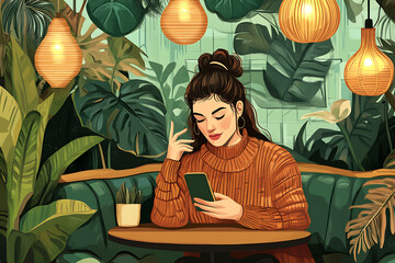  A simple vector illustration of a woman sitting in a cozy cafe, casually using her phone, depicted with clean lines and a minimalistic style, perfect for lifestyle or technology themes.