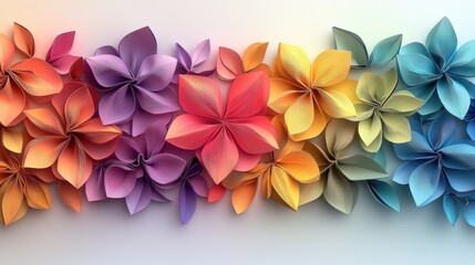 Fototapeta premium Vibrant Rainbow Paper Flowers Arranged in a Stunning Gradient Display on a White Background