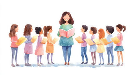 Fototapeta premium female teacher smiles while reading to her students, who are lined up holding books. scene captures joyful learning moment in classroom setting