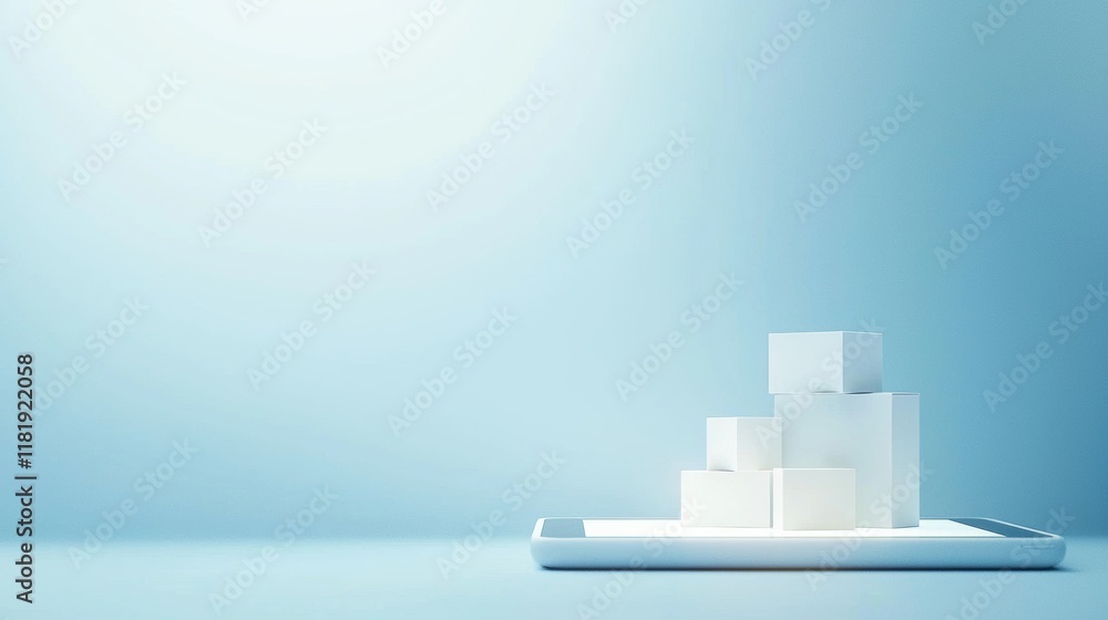 Poster Minimalist Display of White Cubes on a Tablet with Soft Blue Background