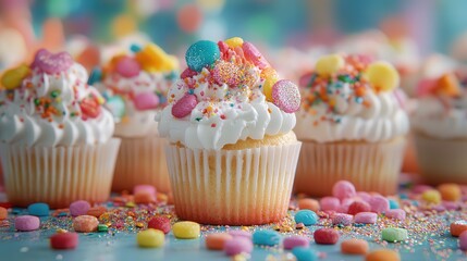 Rainbow cupcakes decorated with glitter and colorful candy sprinkles