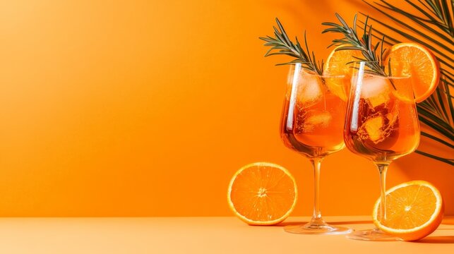 Two glasses of aperol spritz cocktails, garnished with orange slices and rosemary, resting on an orange surface with sliced oranges nearby, evoke a refreshing summer vibe