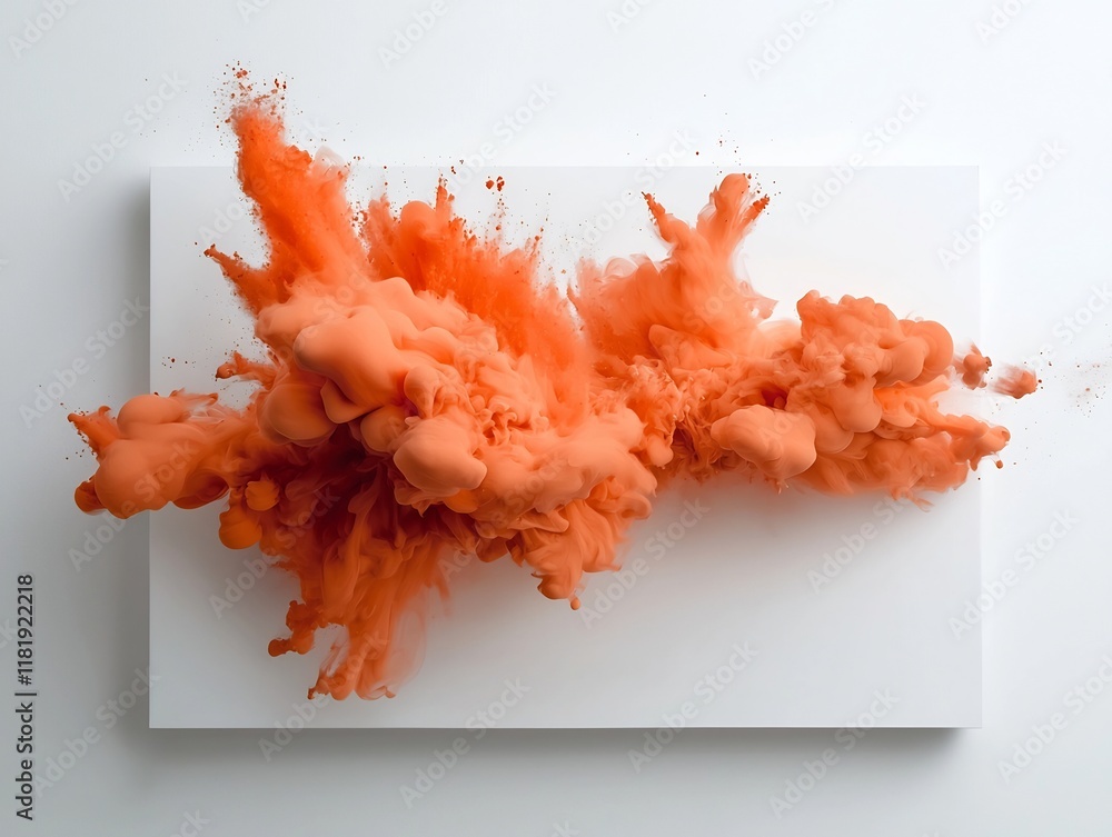 Poster explosive orange ink documented on a pure white canvas capturing the energy and movement of the flui